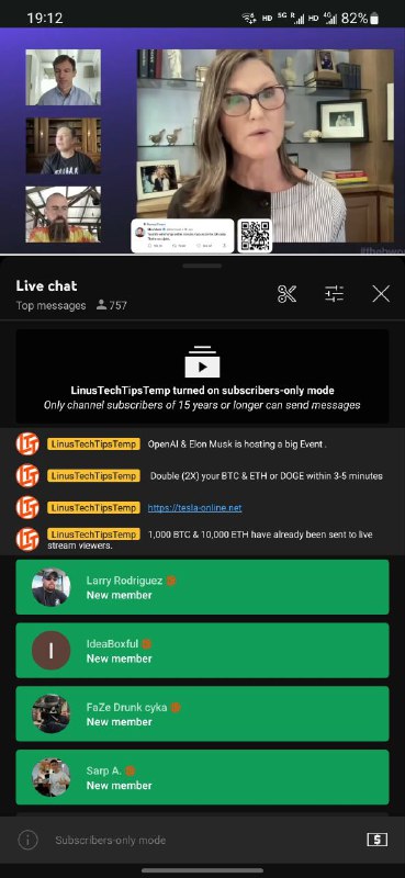 Linus Tech Tips 的 YouTube 频道疑似被黑，频道用户名被更换成了 @TemporaryHandle，目前正在直播和比特币有关的视频会议via Danielbility🗒 标签: #YouTube 📢 频道: @GodlyNews1🤖 投稿: @GodlyNewsBot