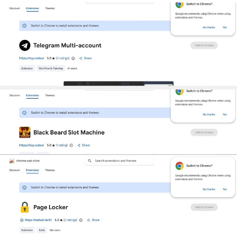 108 个恶意 Chrome 扩展窃取了用户的 Google 和 Telegram 数据，影响约 2 万名用户根据安全公司 Socket 的说法，这些扩展以五个不同的发布者名义发布——Yana Project、GameGen、SideGames、Rodeo Games 和 InterAlt——在 Chrome 网上应用店累计约有 2 万次安装