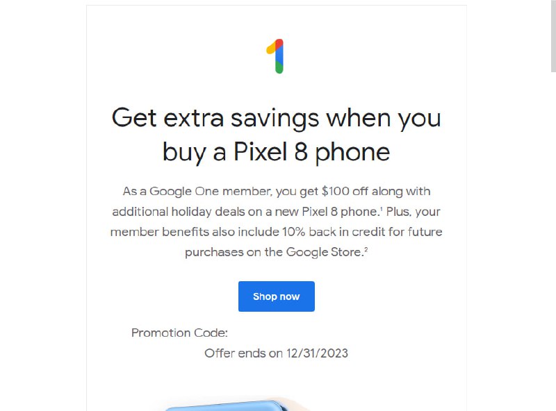 Google one也开始发Pixel优惠券了，美区账号土耳其apple id付款的也收到了via 匿名此前，YouTube Premium也向订阅者发送Pixel促销代码🗒 标签: #Google #Pixel📢 频道: @GodlyNews1🤖 投稿: @GodlyNewsBot