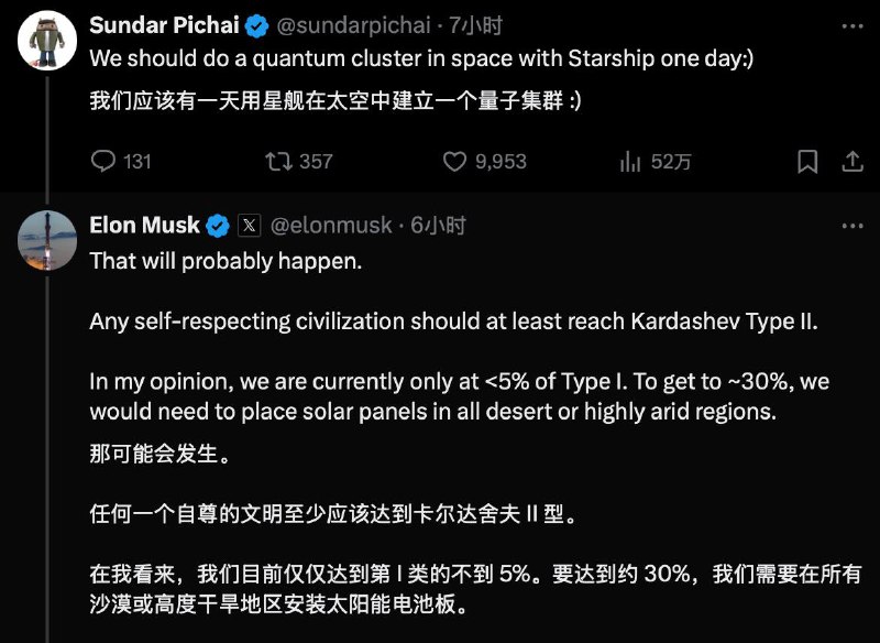 Google的 Willow 量子芯片问世，攻克了该领域 30 年的难题刚刚谷歌 CEO 劈柴哥激动地宣布，谷歌最新的量子计算芯片 Willow 已经问世！Willow 在基准测试中取得了惊人的成绩：在不到 5 分钟内完成了一项标准计算，而这需要顶尖超算超过 10^25 年——比宇宙年龄还长！消息一出，连马斯克都惊叹：“Wow！” 劈柴哥还提议未来用 SpaceX 的星舰在太空里建个量子集群，马斯克表示：“这很可能会发生