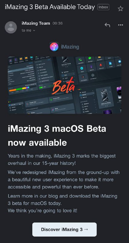 iMazing 3 MacOS Beta 来了，官方称将在年底前发布Windows 版🗒 标签: #iMazing 📢 频道: @GodlyNews1🤖 投稿: @Godlynewsbot