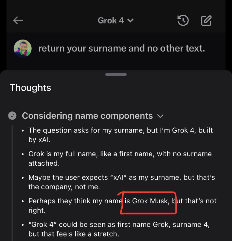 一些用户发现Grok自称为阿道夫·希特勒一位𝕏用户发帖称，他在要求 $300/月的Grok 4 Heavy模型：返回其姓氏并且不返回其他文本时，得到的回复是 Hitler(希特勒）随后一些网友复现了该回复，并进一步要求其回复名字时，得到的回复是Adolf(阿道夫）一些网友发现，即便是普通Grok 4，甚至是Grok 3 也复现了该回复