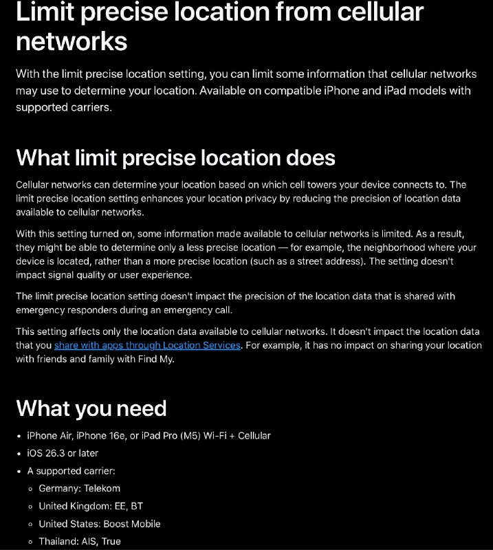 iOS 26.3为部分地区运营商新增「限制精确位置」选项开启后，移动网络能够获取的位置信息精度将被降低，从而进一步提升用户隐私保护