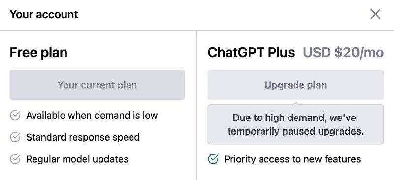 ChatGPT暂时关闭Plus付费据悉，ChatGPT目前已停止Plus付费，OpenAI给出的理由是需求量太大