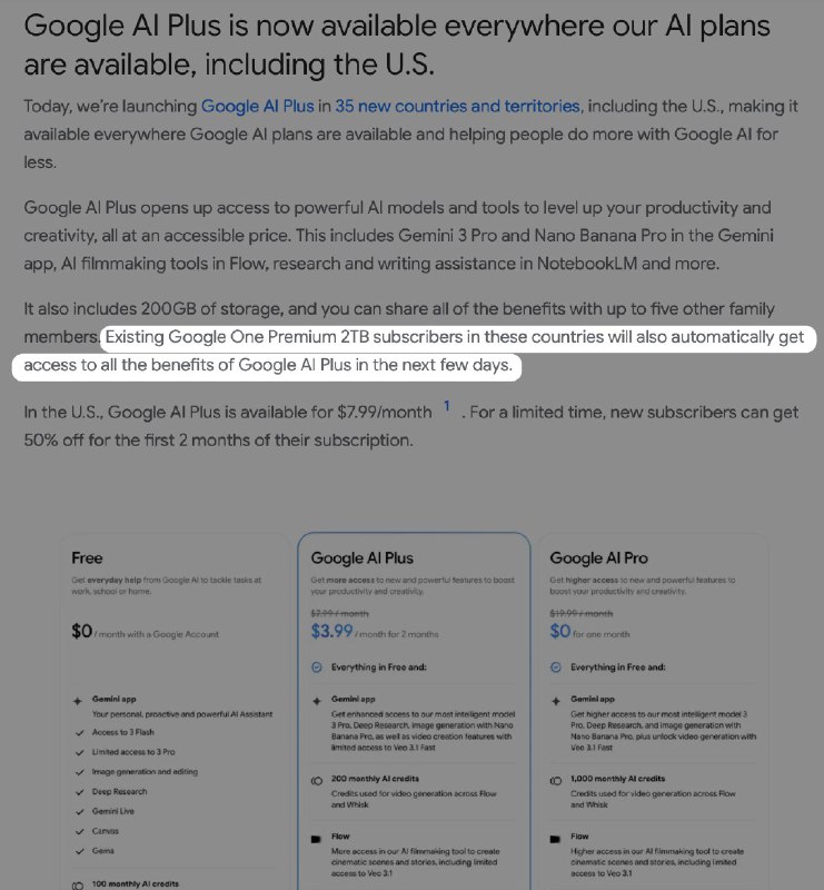 Google One Premium 2TB订阅者将自动获得Google AI Plus权益Google 发布公告表示，已在包括美国在内的 35 个新国家和地区推出 Google AI Plus
