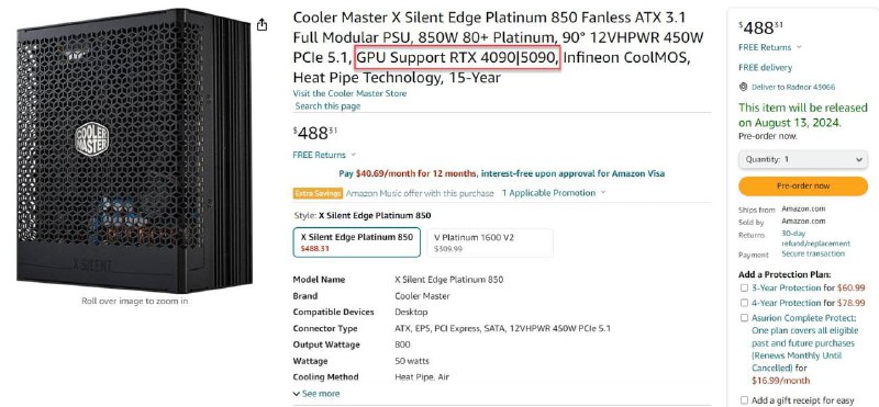 英伟达RTX 5090显卡功耗意外曝光：不超过525W在最新上市的X Silent Edge Platinum 850电源产品页面上，酷冷至尊宣称该电源支持即将发布的NVIDIA RTX 5090显卡