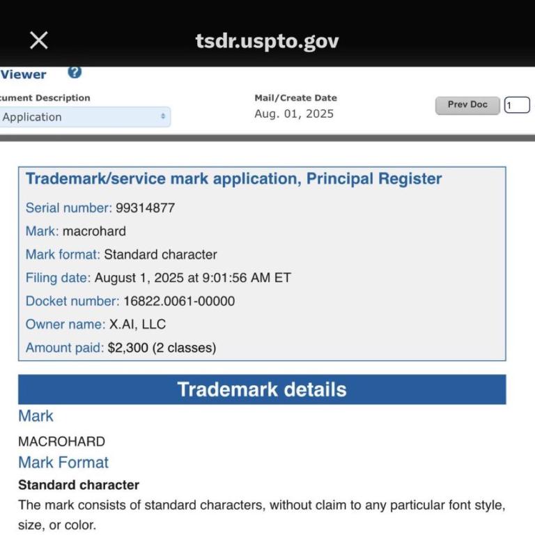 马斯克注册“巨硬Macrohard”商标马斯克旗下的xAI于8月1日提交了“Macrohard（巨硬）”这一商标的注册申请，且已支付了2300美元（约16587元人民币）的注册费用，涵盖两个商标类别