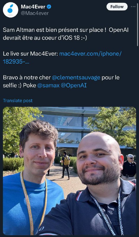 Sam Altman被拍到出席WWDC 24OpenAI 应该是iOS 18的核心🗒 标签: #Apple #WWDC📢 频道: @GodlyNews1🤖 投稿: @GodlyNewsBot