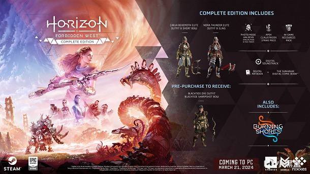 《地平线：西之绝境》完整版正式发售，国区售价¥414Steam独家优惠将您的Steam帐户连接至PS的账号，即可在账号连接期间获得两件游戏内装扮： • 诺拉族传承服饰 • 诺拉族传承长矛🗒 标签: #Steam📢 频道: @GodlyNews1🤖 投稿: @GodlyNewsBot