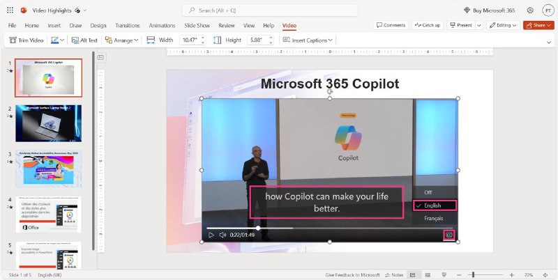 现在微软PowerPoint网页版可以添加带有CC字幕的视频Windows Central报道，现在PowerPoint网页版允许用户在演示文稿中插入带有CC字幕/内置字幕的视频