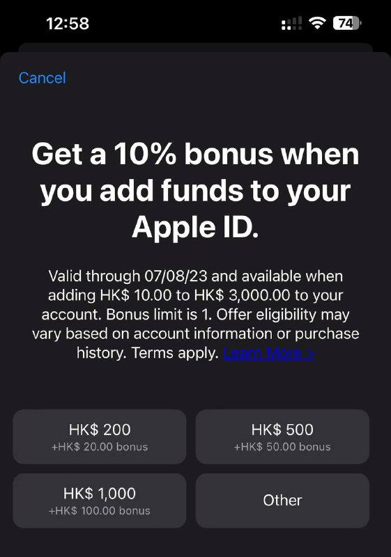 港区App Store限时活动，每次充值余额HK$10～HK$3,000，可额外得10%奖励意思就是充值 HK$200 就多 HK$20，充值 HK$3,000 就可以取得 HK$300🗒 标签: #Apple📢 频道: @GodlyNews1🤖 投稿: @GodlyNewsBot
