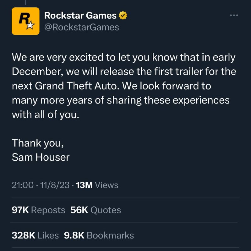 Rockstar 官宣12月发布GTA6宣传片