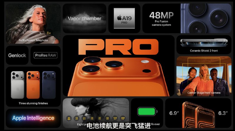 iPhone 17 Pro 采用铝金属外壳一体成型,迄今最大的电池,A19 Pro芯片,全新散热系统,超瓷晶面板VC 均热板(航空级铝合金)苹果称: 摄像头外凸造型有利于散热相比上代续航提升40%背板区域采用超瓷晶,视频播放续航可达39小时,4800万像素融合式摄像头,支持4和8倍变焦,优化的3D防抖,传感器增大50%支持ProRes Row 格式拍摄视频,支持Genlock新款科技织物保护壳(环保)🗒 标签: #Apple #iPhone📢 频道: @GodlyNews1🤖 投稿: @GodlyNewsBot