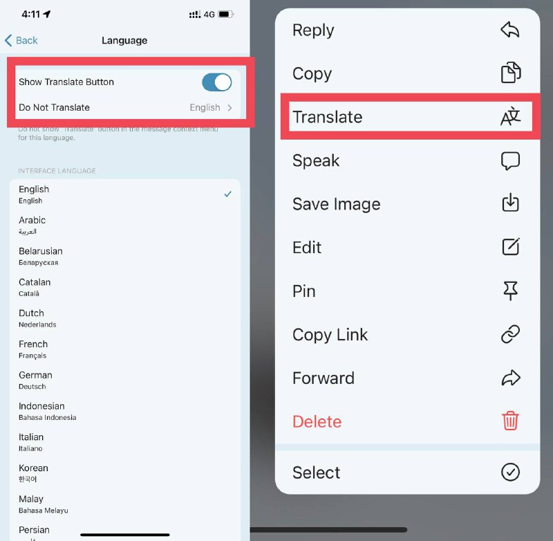 iOS 最新版telegram 支持调用内置翻译以翻译消息关注频道: @GodlyNews1投稿机器人: @GodlyNewsBot