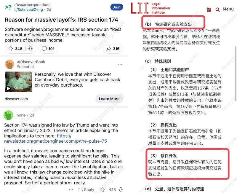 美国IT圈大裁员或许与IRS section 174有关该条例规定：软件工程师/程序员的工资现在是“研发支出”，并且不再免税