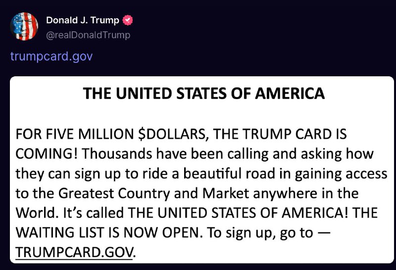 特朗普宣布：“金卡”签证网站已上线他在旗下的社交媒体 truthsocial 宣布这一消息