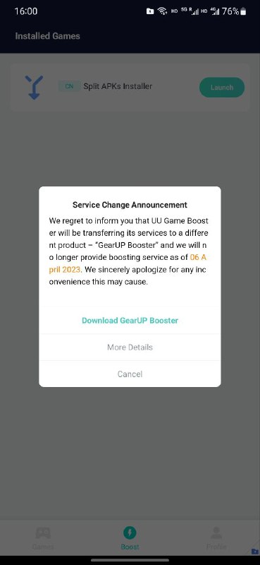 Google Play版的UU加速器即将停运，并推荐用户转到GearUP加速器目前打开在Google Play下载的UU加速器会看到停运的公告，并会推荐下载并使用GearUP加速器