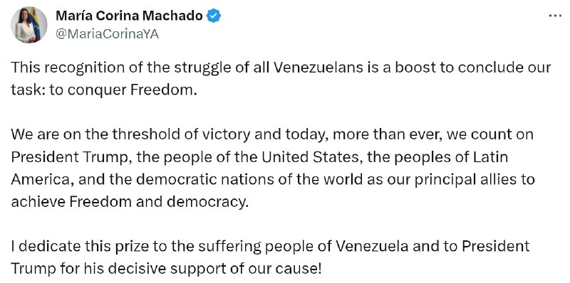 诺贝尔和平奖得主将奖项献给特朗普委内瑞拉反对派领导人、诺贝尔和平奖获得者Maria Corina Machado周五将她的诺贝尔和平奖献给唐纳德·特朗普总统，以表彰他对委内瑞拉反对派事业的“坚定支持”