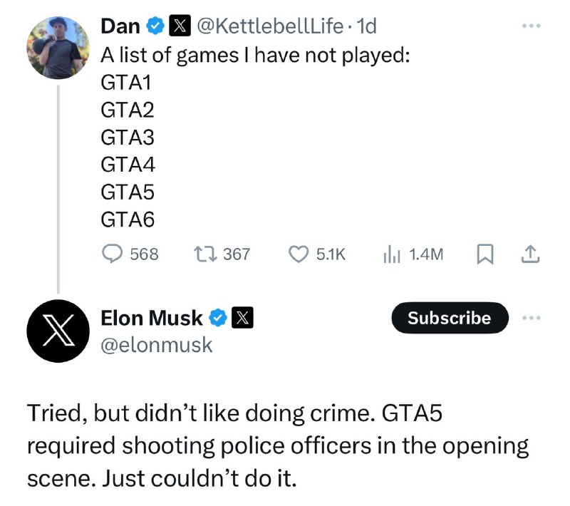 Elon musk表示他不喜欢玩GTA系列，因为在尝试GTA5时被要求向警察开枪，但他做不到