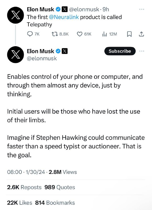 马斯克：首款Neuralink产品被称为心灵感应只需通过思考，就可以控制你的手机或电脑，通过他们几乎任何设备