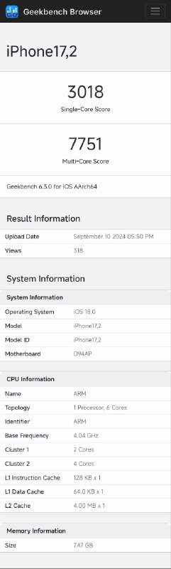 今天，苹果A18 Pro首个跑分出现在Geekbench上，测试机型是iPhone 16 Pro Max，单核成绩是3018，多核成绩是7751