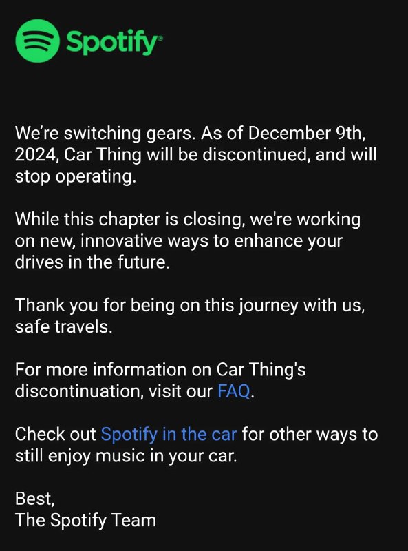 Spotify 将停止支持它售出的所有 Car Thing 设备购买 Car Thing 的客户收到了邮件，Spotty告知他们该设备将在 12 月 9 日起停止服务