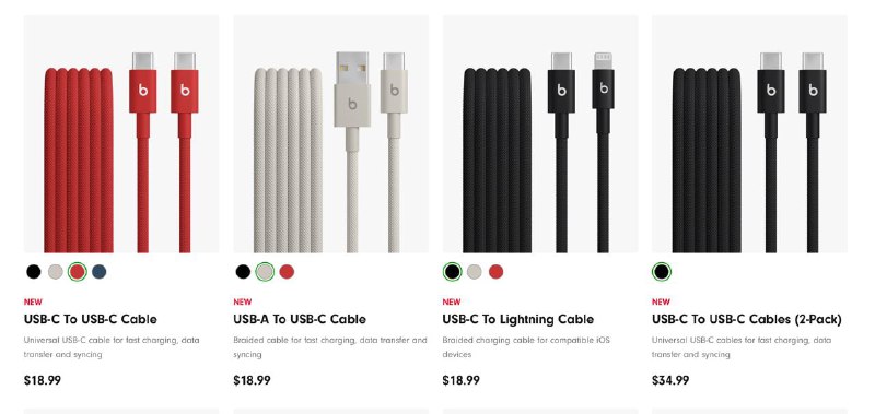 苹果旗下Beats品牌推出了首款USB-C充电线，有多种长度和颜色可选