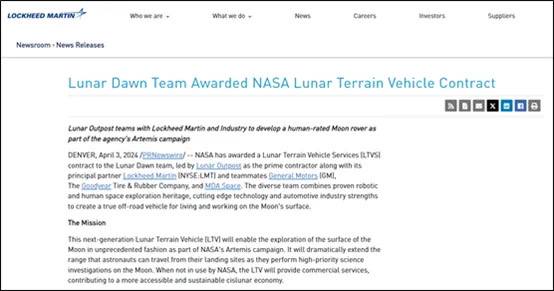 美国军工巨头洛克希德·马丁公司已退出月球地形车开发计划原因是在部分合作条款上迟迟无法达成共识据洛克希德·马丁公司官网公报，美国国家航空航天局（NASA）于今年4月将月球地形车开发项目交由主承包商“月球前哨”公司，洛克希德·马丁公司及通用汽车、固特异轮胎等公司担任该项目的主要合作方