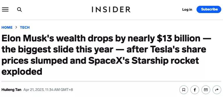 在特斯拉股价下跌以及昨晚“星舰”爆炸后，马斯克的个人资产已经缩水了将近130亿美元，这是今年以来最大的跌幅🗒 标签: #马斯克 📢 频道: @GodlyNews1🤖 投稿: @GodlyNewsBot