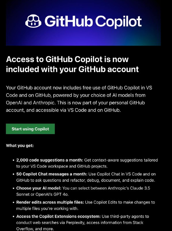 GitHub Copilot 免费版已经在 Visual Studio 中上线了以防你还没听说，GitHub 刚刚宣布了 Copilot 免费版！好消息是：你现在就可以在 Visual Studio 中开始使用 Copilot 免费版