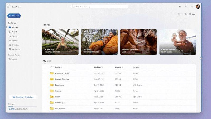 微软已开始为个人用户推送全新的OneDrive界面2023 年 10 月，微软发布了面向微软 365 用户的新版OneDrive 云存储服务