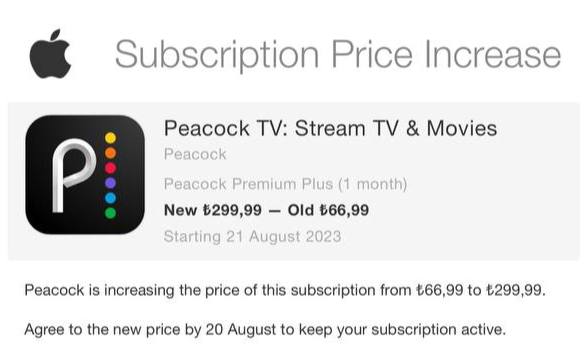 土区Peacock 涨价，66.99涨至299.99里拉🗒 标签: #Peacock #土耳其📢 频道: @GodlyNews1🤖 投稿: @GodlyNewsBot