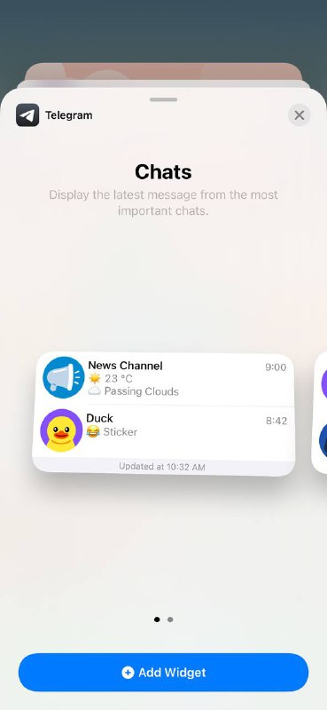 Telegram 本次更新带来了小组件食用方法:添加后长按小组件 👉 编辑 👉 选择你想显示的聊天窗口Telegram 本次更新带来了小组件食用方法:添加后长按小组件 👉 编辑 👉 选择你想显示的聊天窗口