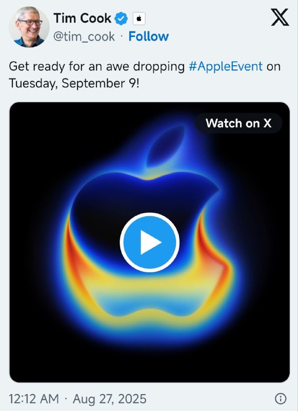 Apple官宣9月9日召开新品发布会Apple CEO Tim Cook在 X 上宣布，苹果公司将于太平洋时间9月9日上午10点（北京时间9月10日凌晨1点）在加州库比蒂诺Apple Park举行一年一度的iPhone新品发布会，届时将邀请部分媒体嘉宾参加
