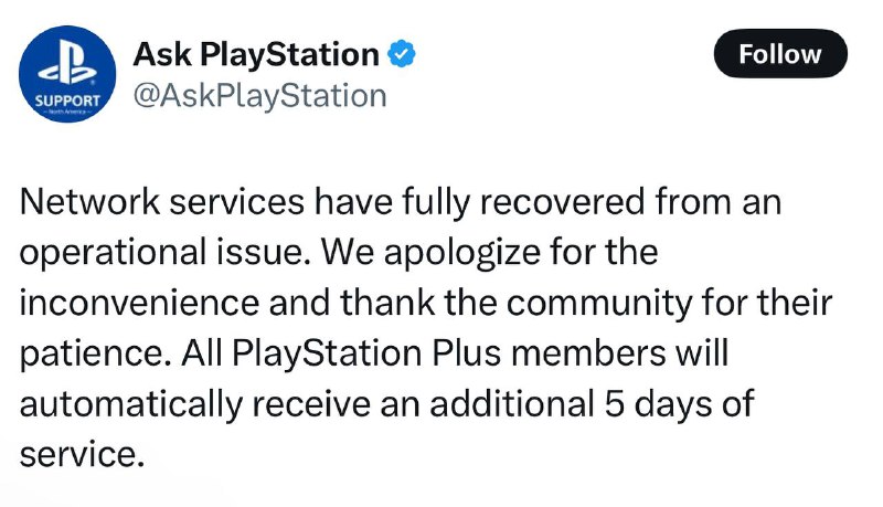 由于PlayStation Network 瘫痪近一天，官方已向PlayStation Plus会员补偿5天会员时长