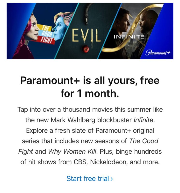 在Apple TV应用中订阅Paramount+可以免费试用一个月