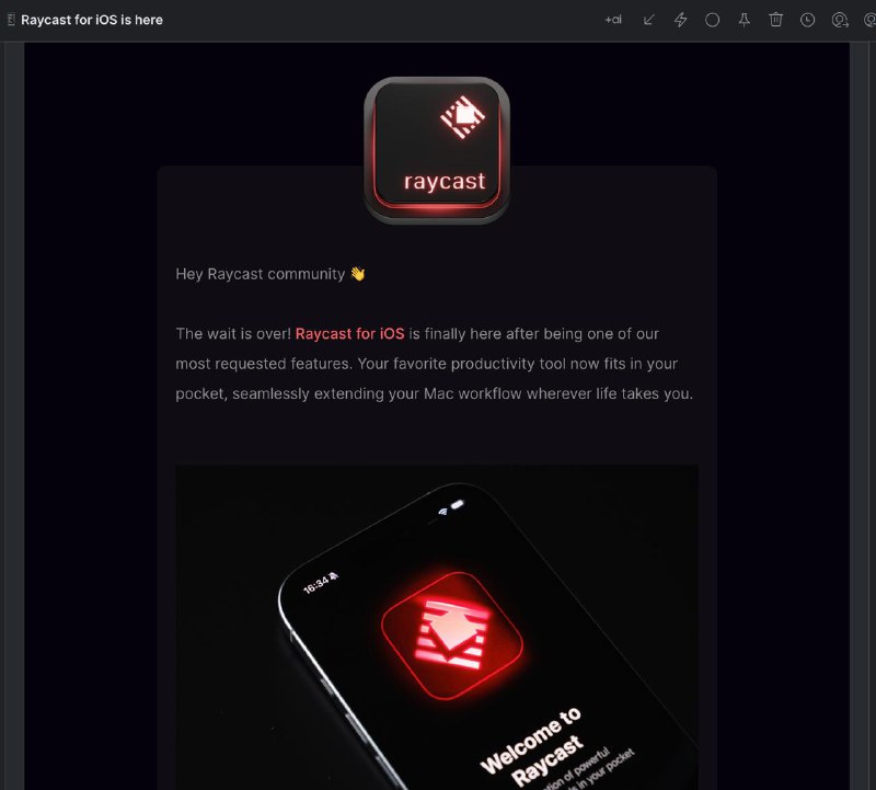 Raycast 现已推出iOS App💬 与数十个人工智能模型聊天，为任何任务提供完美答案📚 捕捉和整理想法，让绝妙创意不再溜走🔗 即时访问您的快速链接，随时随地获取重要资源📝 使用您的文本片段，随时随地保持工作效率☁️ 在所有 Apple 设备上无缝同步为庆祝 iOS 应用程序的推出，5 月 7 日前可享受 7 折优惠！