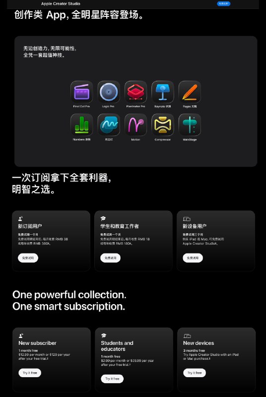 Apple Creator Studio，国区比美区便宜500+国区售价¥38/月，¥380/年；美区售价$12.99/月(约¥90.21)，$129/年(约¥895.88）