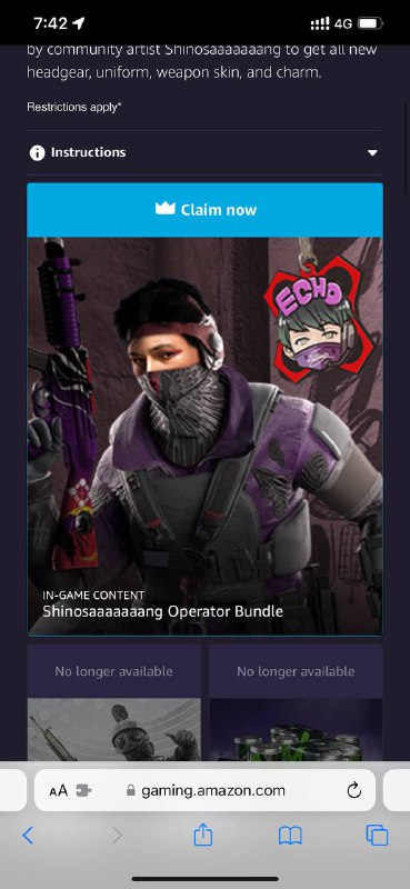 Prime Gaming 又送皮肤了，包含Echo 的制服、头饰、Shinosaaaaaaang 饰物和 MP5SD 武器皮肤关注频道: @GodlyNews1投稿机器人: @GodlyNewsBot