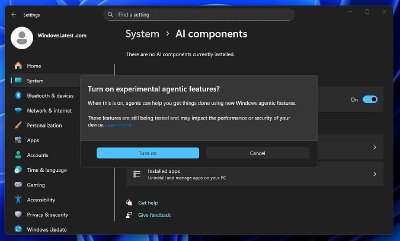 微软计划将 Windows 11 变成一个AI操作系统微软表示，我们建议您在了解安全风险的前提下才启用此功能……Windows 11 正在测试一个位于“设置 > 系统 > AI 组件”中的新开关，名为“实验性代理功能”