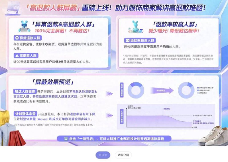 淘宝推出“高退款人群屏蔽功能”工作人员：仅对天猫、淘宝服饰行业商家开放近日，有网友发帖称淘宝App推出新功能，商家可以直接屏蔽高退款率人群