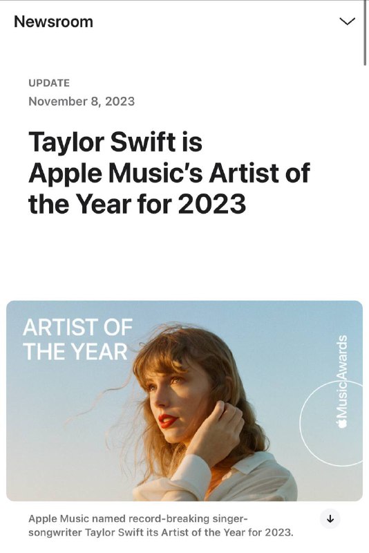 Taylor Swift 凭借《2023 (Taylor’s Version)》荣膺Apple Music 年度最佳艺人