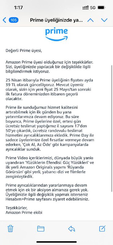 土区 Amazon Prime Video 涨价，由 7.99 TL 上涨至 39 TL，约等于每月不到2.8 CNY涨至 13.88 CNYvia 传人🗒 标签: #Amazon #PV #土耳其📢 频道: @GodlyNews1🤖 投稿: @Godlynewsbot