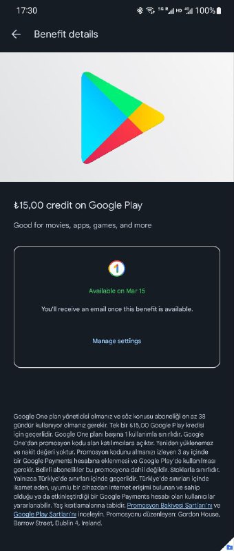 Google One订阅者在订阅满38天后，可免费获得相应的 Google Play余额该福利可以在 官网 领取，美区$5，英区£4，土耳其₺15，其他区自行留意