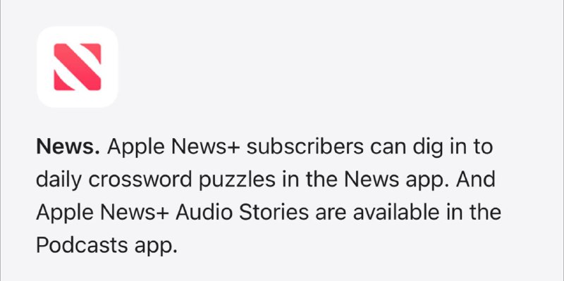 Apple 官网显示，Apple News+用户将可以在iOS 17中游玩填字游戏🗒 标签: #Apple #News #填字游戏📢 频道: @GodlyNews1🤖 投稿: @Godlynewsbot