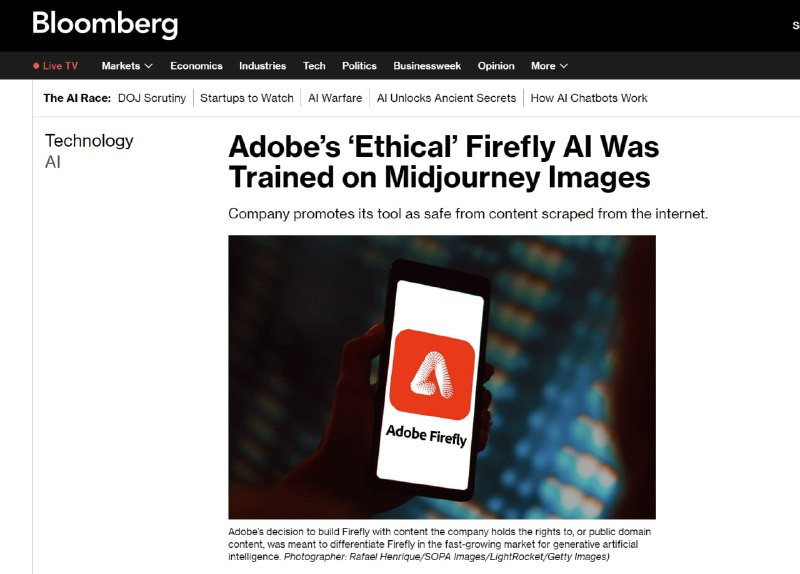 Adobe 使用 Midjourney 数据，训练文生图模型据彭博社报道，Adobe 正在使用 Midjourney 的图片，训练其文生图模型 Firefly