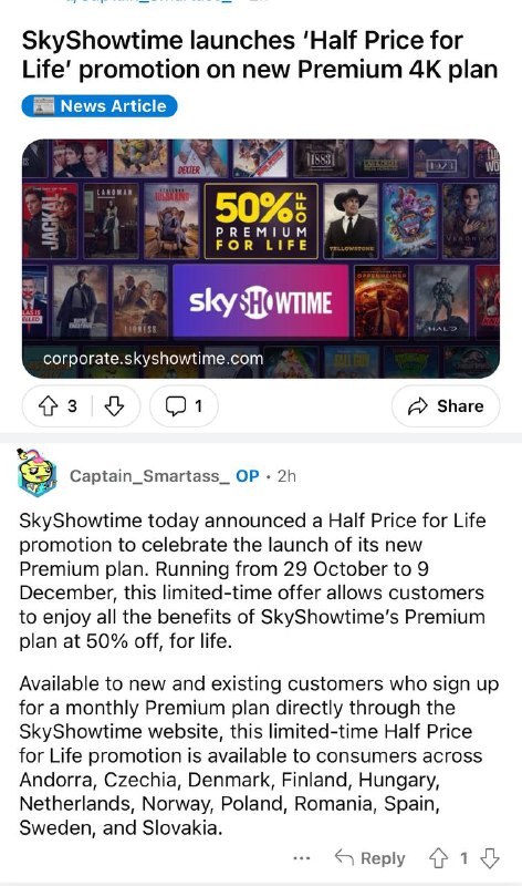为庆祝新的premium plan,SkyShowtime 推出半价订阅.