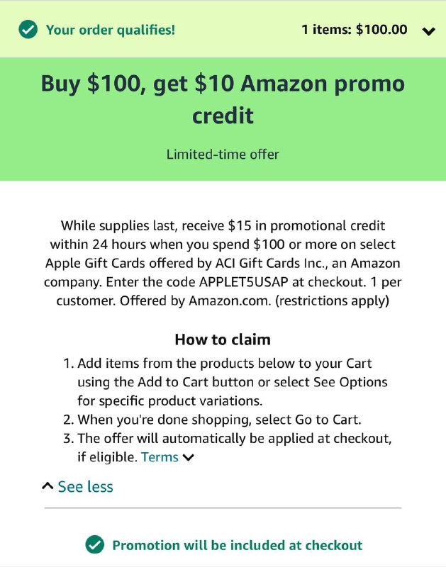 Amazon 买Apple GC ，满$100得$15 Amazon promotional credit 电子礼品卡优惠码：APPLET5USA实体卡优惠码：APPLET5SAP🗒 标签: #Apple #黑五📢 频道: @GodlyNews1🤖 投稿: @GodlyNewsBot