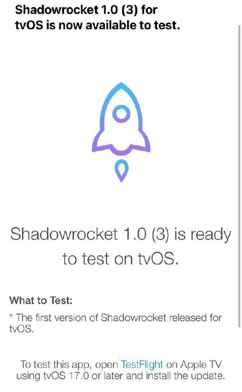 Shadowrocket 现已支持tvOS🗒 标签: #Apple📢 频道: @GodlyNews1🤖 投稿: @GodlyNewsBot