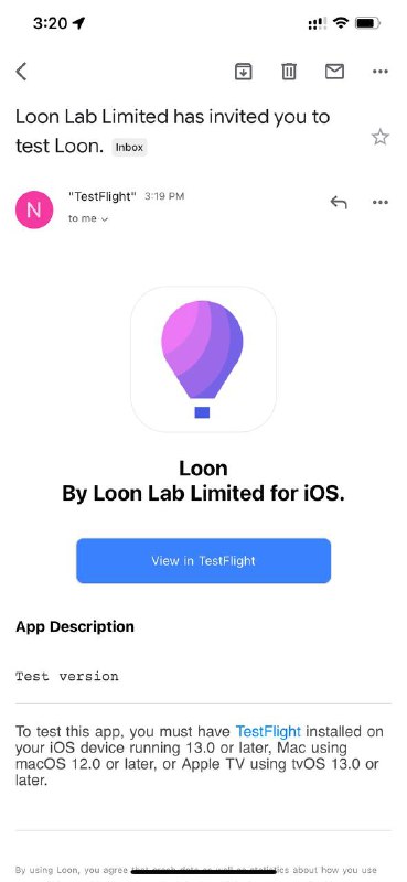 #Loon #TestFlight 收到Loon的邮件，由于开发者账号迁移重发TestFlight 资格正好之前脑抽用国区id兑换了，这下可以换到美区了……关注频道: @GodlyNews1投稿机器人: @GodlyNewsBot#Loon #TestFlight 收到Loon的邮件，由于开发者账号迁移重发TestFlight 资格正好之前脑抽用国区id兑换了，这下可以换到美区了……关注频道: @GodlyNews1投稿机器人: @GodlyNewsBot